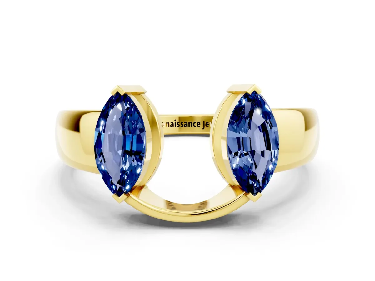 Marquise Blue Sapphire Open Band Ring with Tension Setting Yellow gold