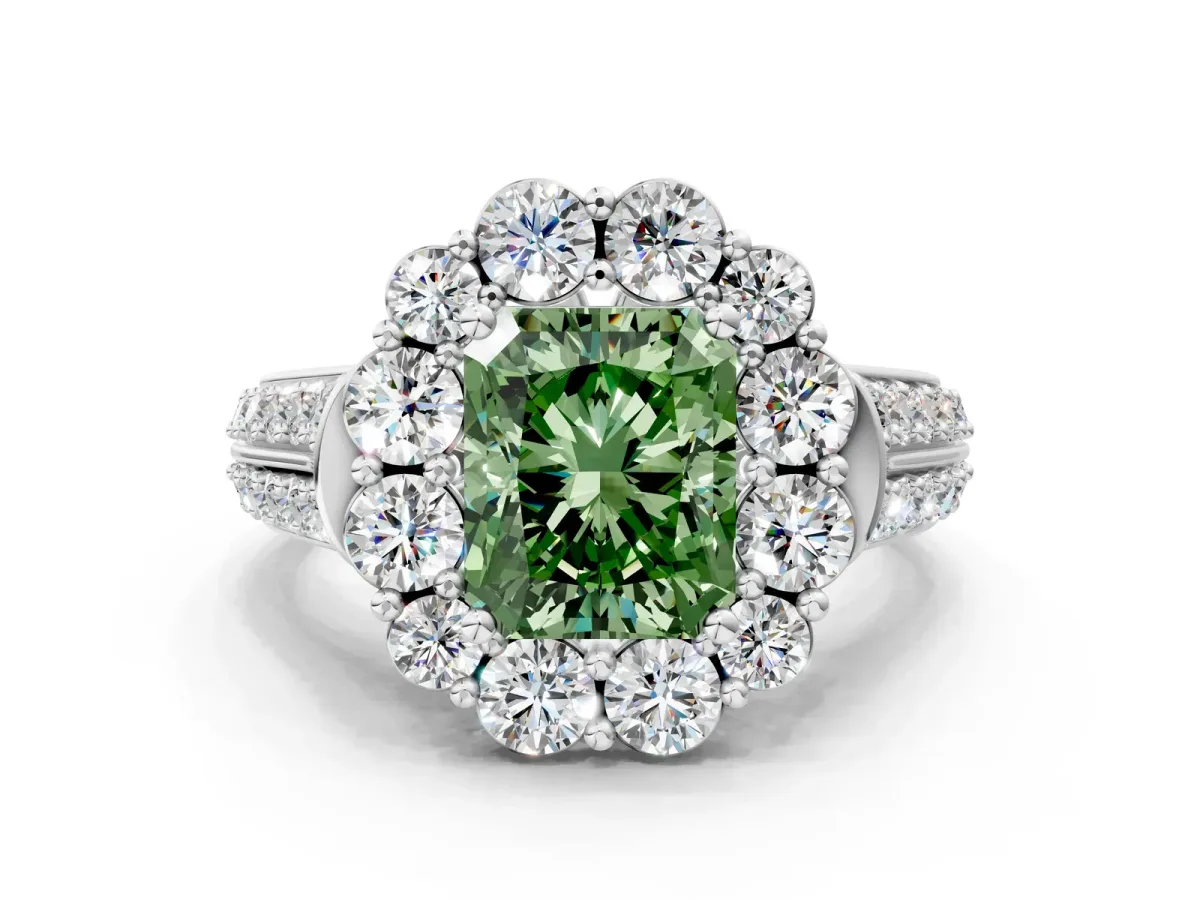 Fancy Green Radiant Cut Halo Diamond Engagement Ring with Split Shank and Prong Setting Platinum