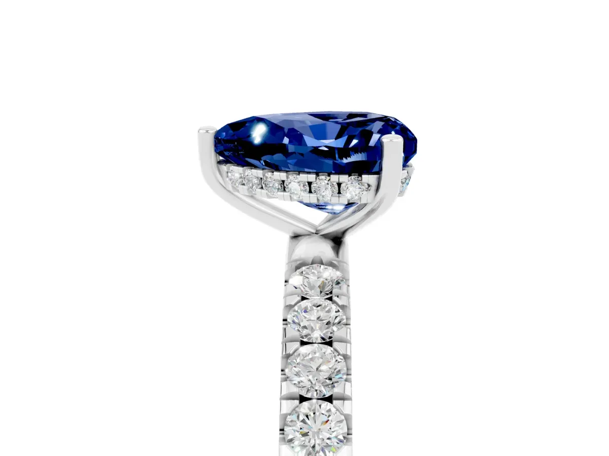 Heart Cut Blue Sapphire Pave Band Solitaire Ring with Round and Prong Setting Platinum