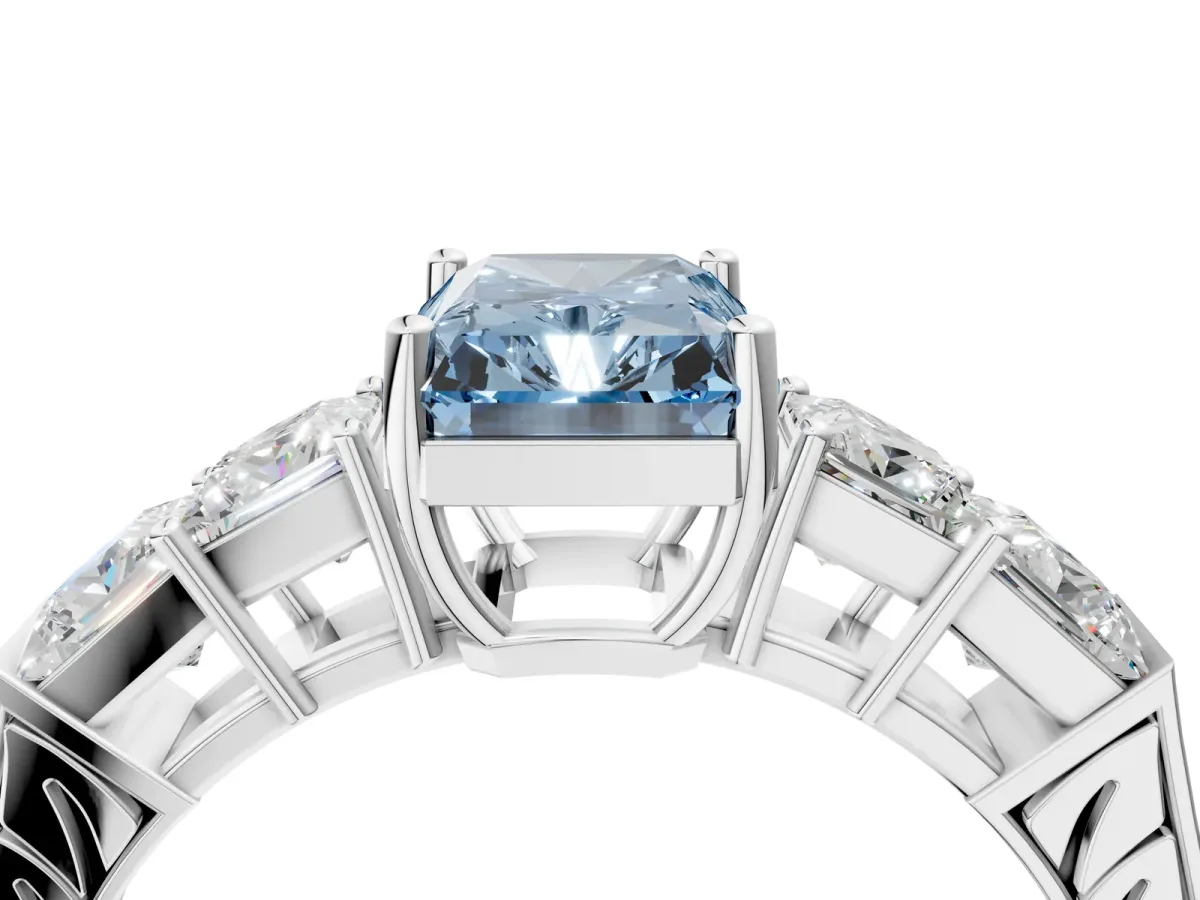 Fancy Blue Radiant Cut Solitaire Princess Side Stone Engraved Band Prong Setting Ring Platinum