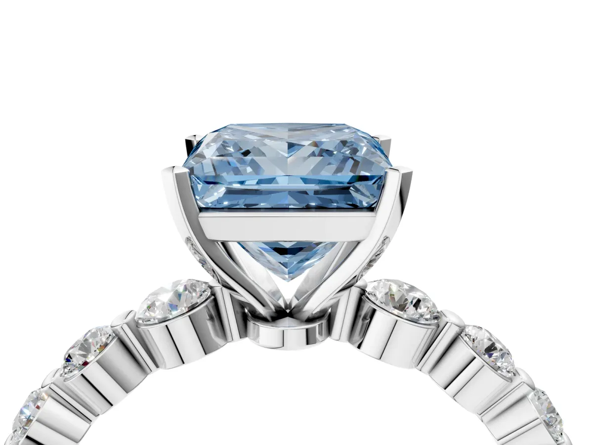 Fancy Blue Princess Cut Solitaire Diamond Ring with Pave Band and Four-Prong Setting Silver