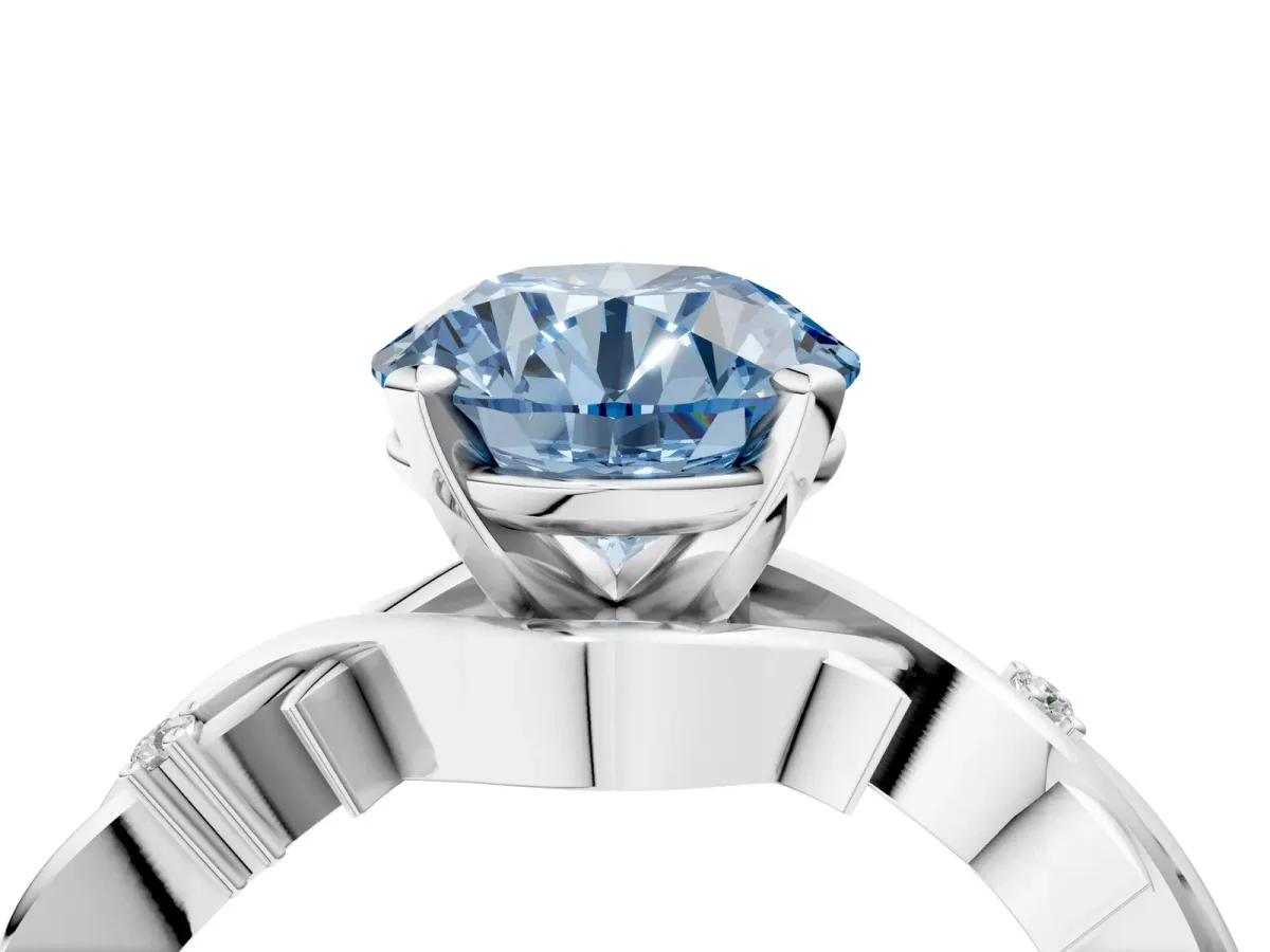 Fancy Blue Round Cut Diamond Solitaire Ring with Twisted Band and Prong Setting White gold