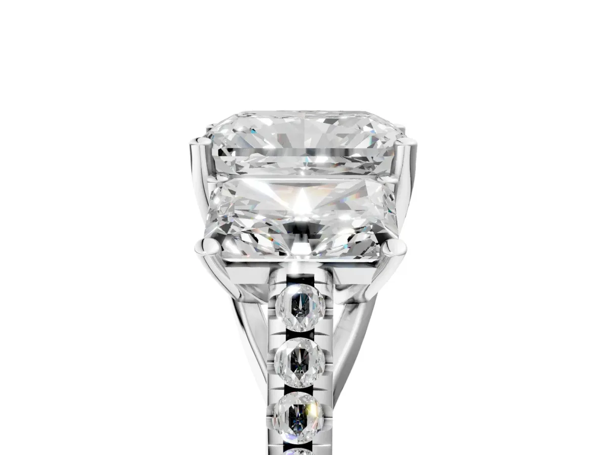 Three-Stone Radiant Cut Diamond Ring with Round Moissanite Pavé Band and Prong Setting Silver