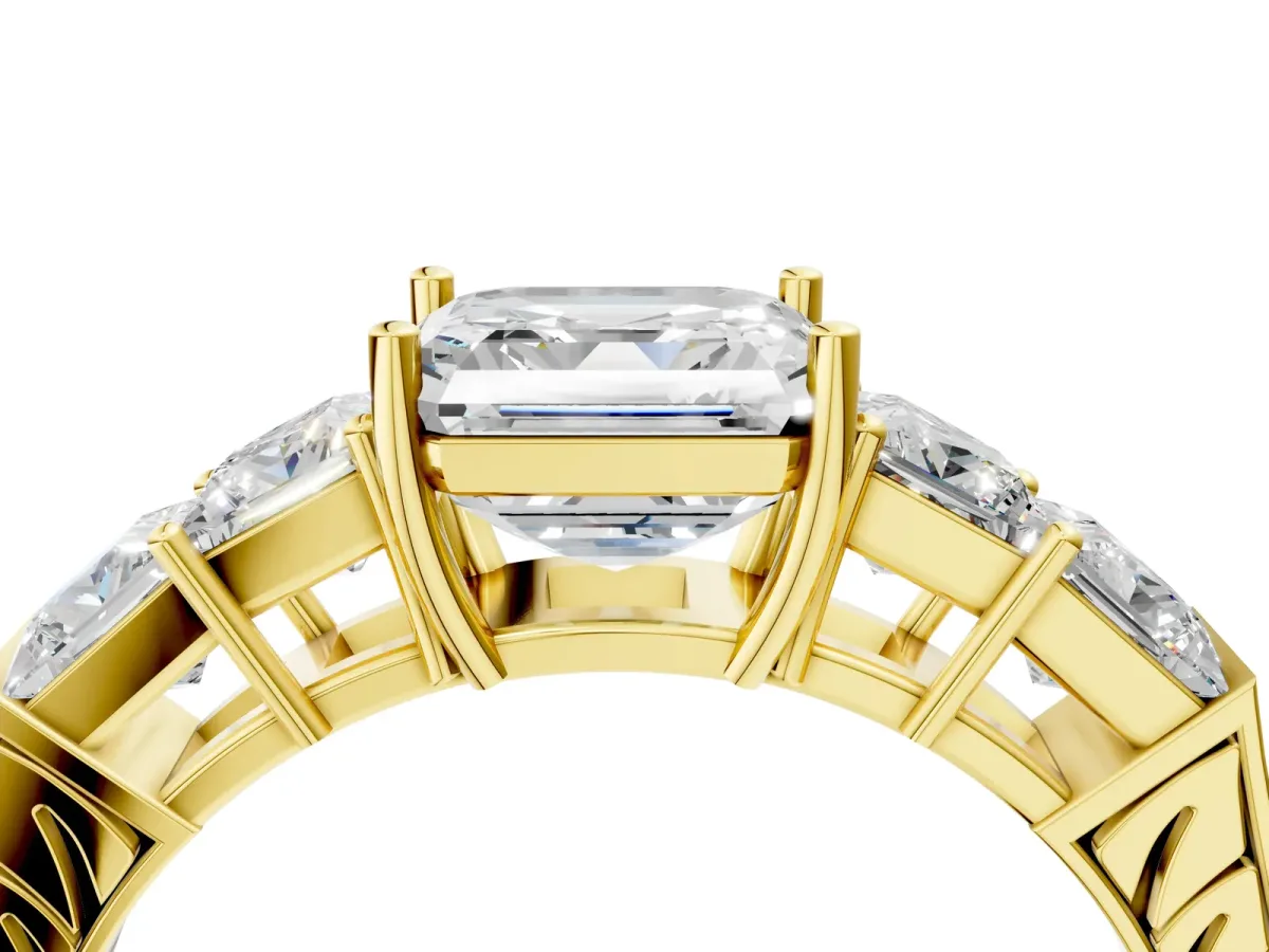 Asscher Cut Solitaire Princess Side Stone Engraved Band Prong Setting Ring Yellow gold