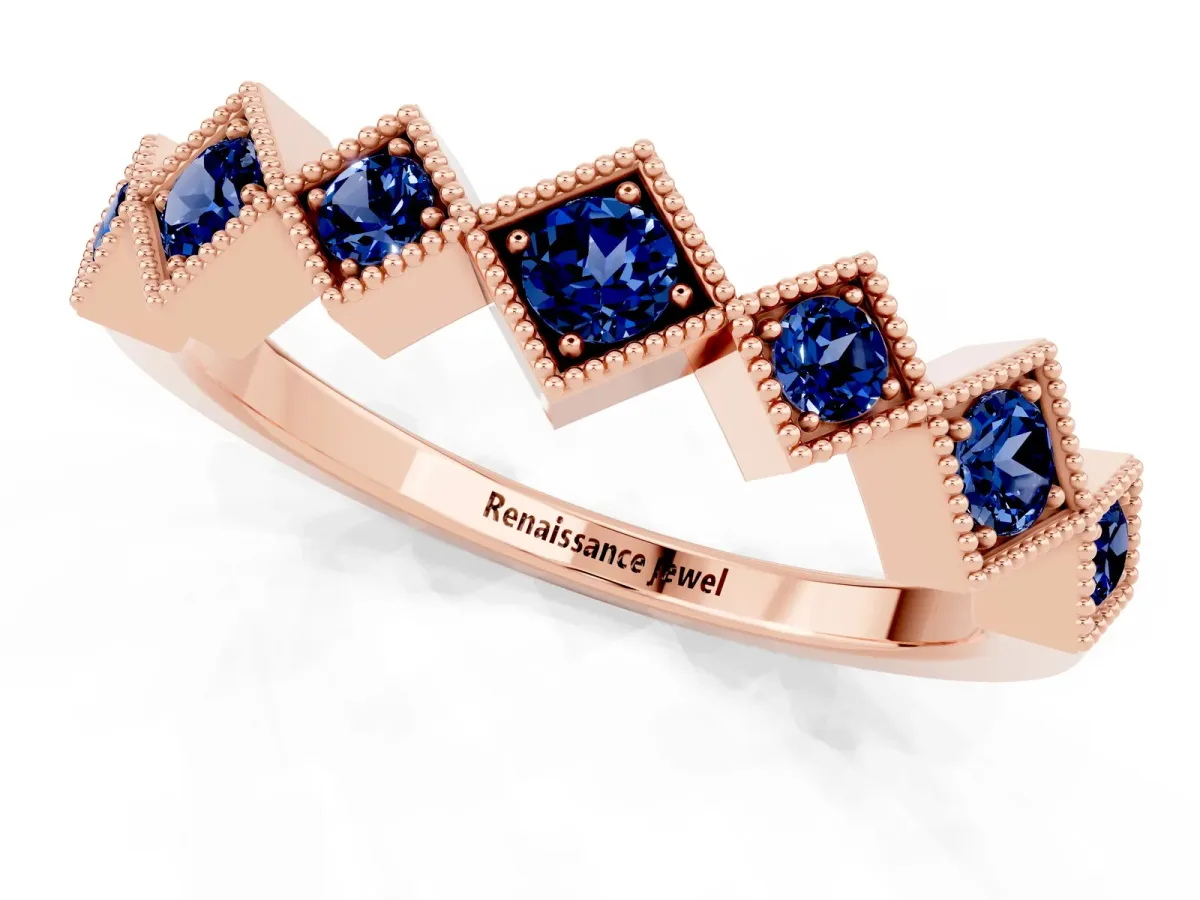 Milgrain Square Bezel Round Blue Sapphire Chevron Band Rose gold