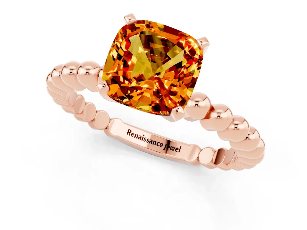 Cushion Cut Citrine Solitaire Ring with Beaded Band and Prong Setting Rose gold