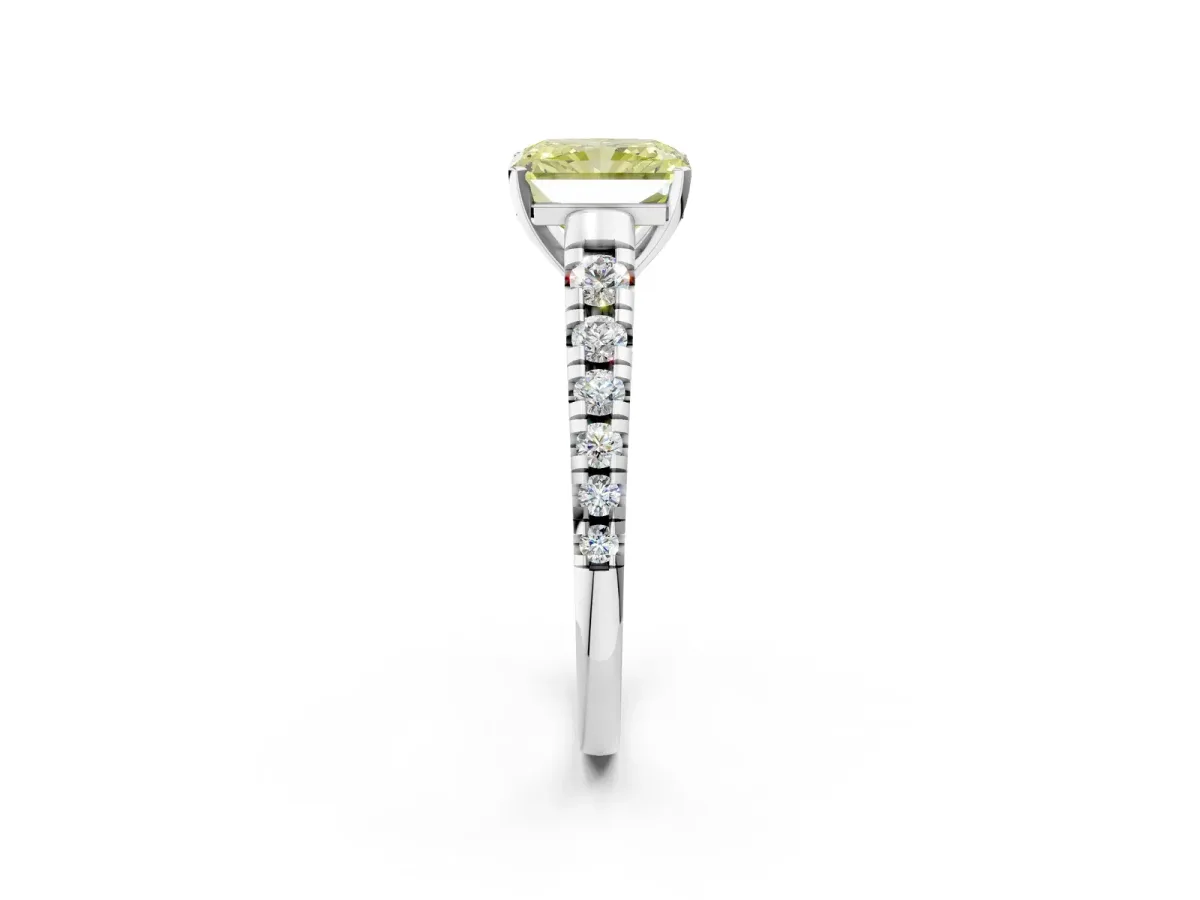 Fancy Yellow Radiant Cut Diamond Cathedral Solitaire Ring with Round Pavé Band Silver