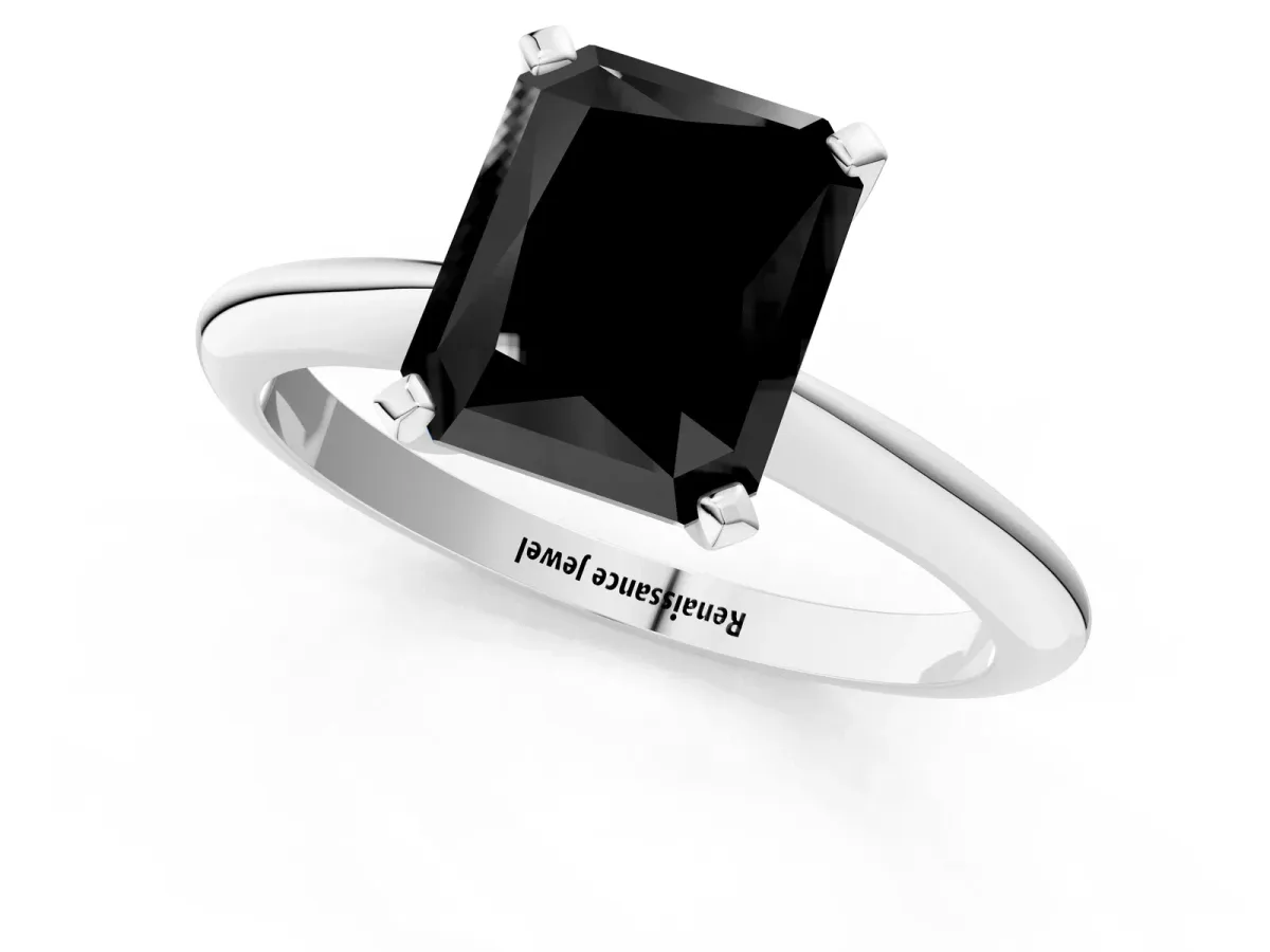 Fancy Black Radiant Cut Diamond Solitaire Engagement Ring with Classic Band and Four-Prong Setting Silver