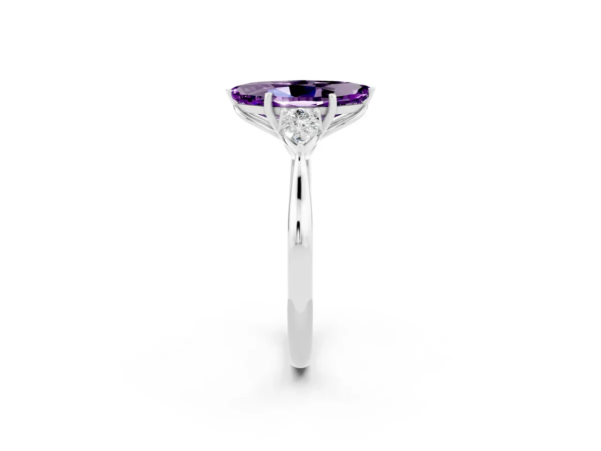 Marquise Cut Amethyst Three-Stone Ring with Pear Side Stones and Prong Setting Silver