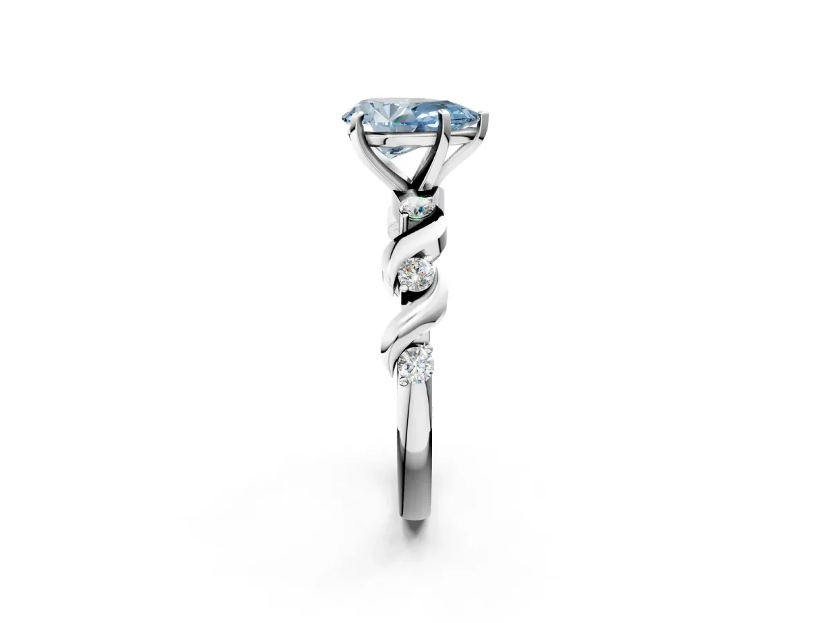 Fancy Blue Pear Cut Diamond Solitaire Twisted Band with Round Accents and Prong Setting Silver