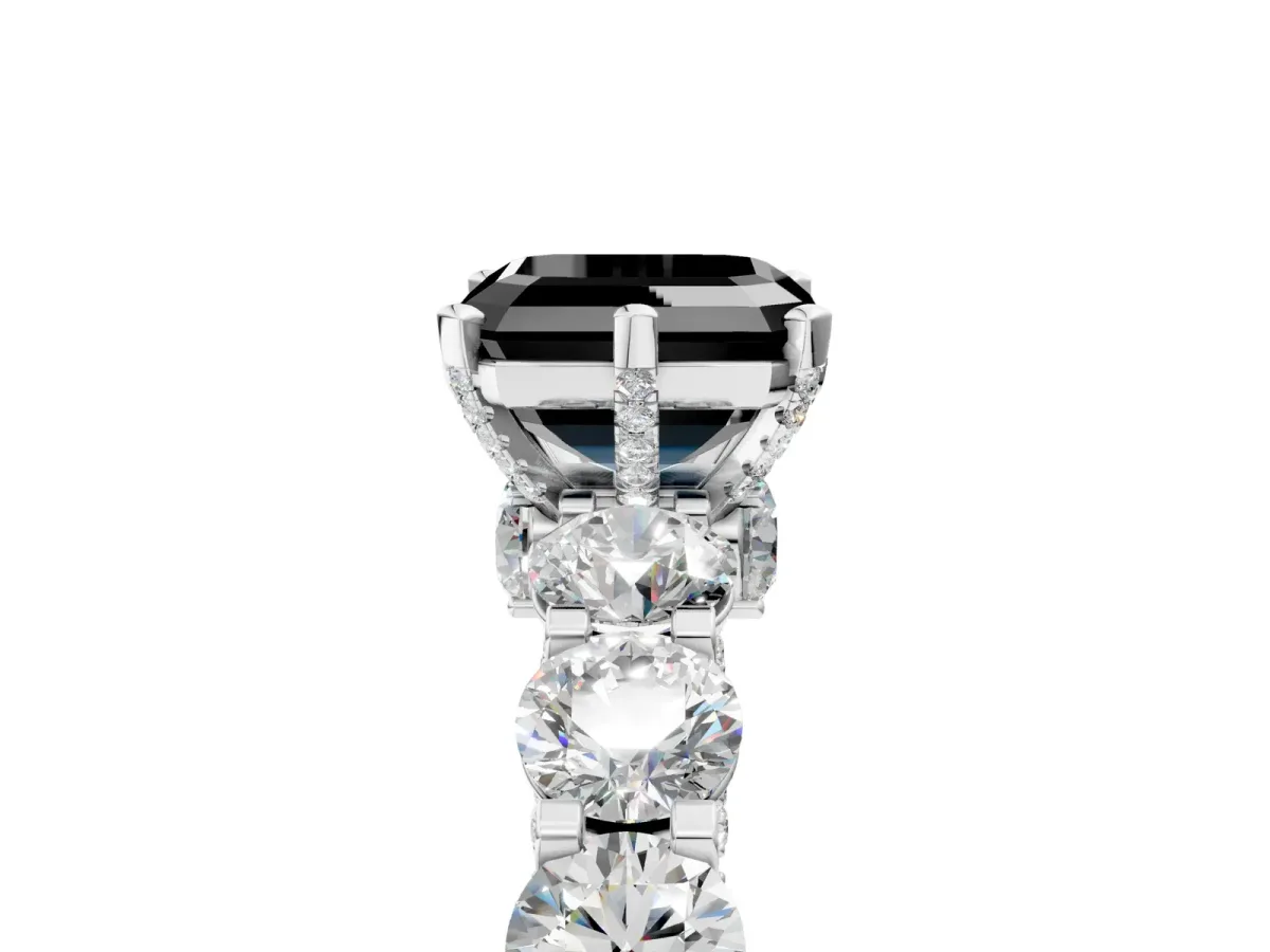 Fancy Black Asscher Cut Diamond Side Stone Engagement Ring with Four-Prong Setting Silver