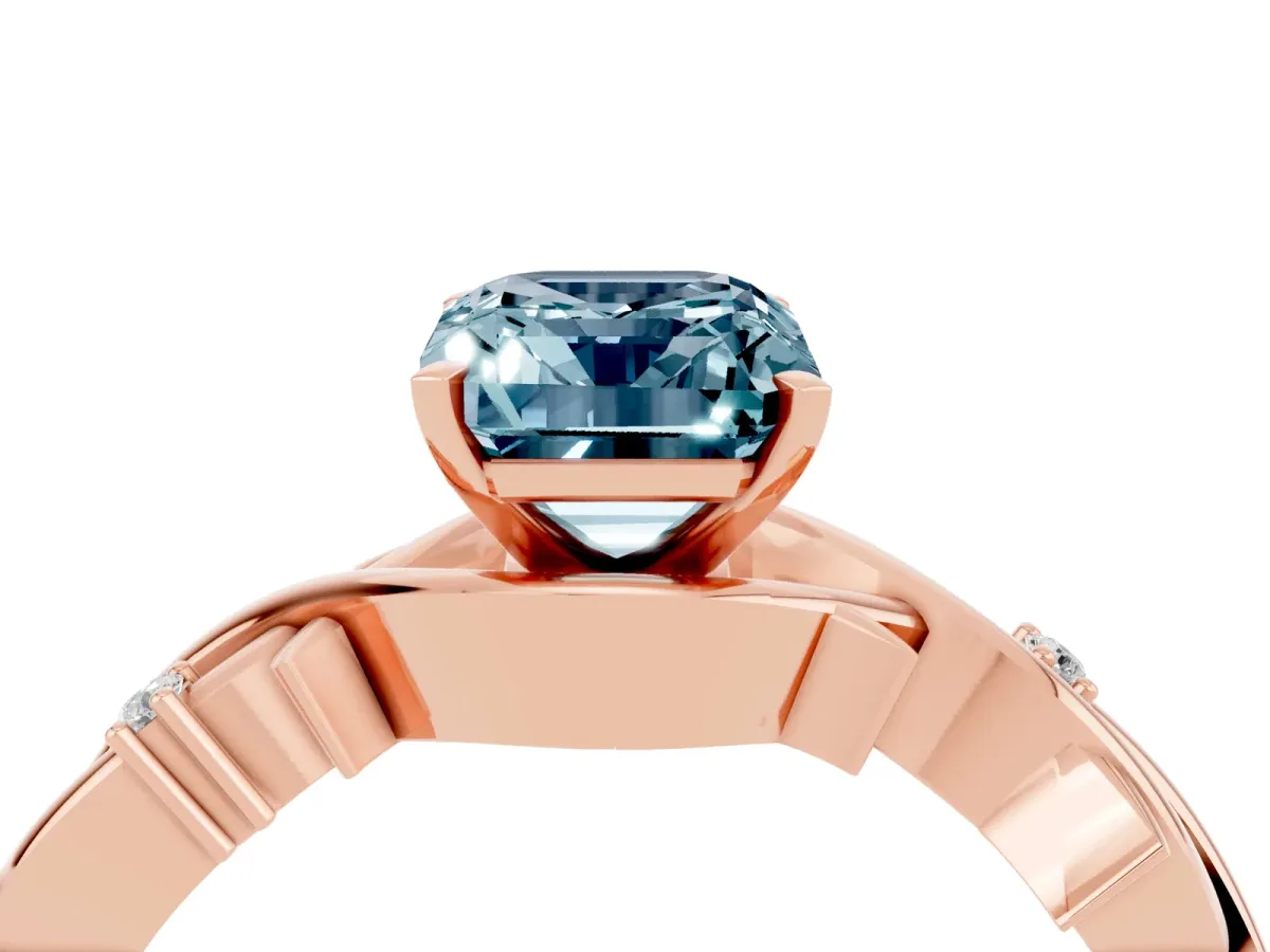 Emerald Cut Aquamarine Solitaire Ring with Twisted Band and Prong Setting Rose gold