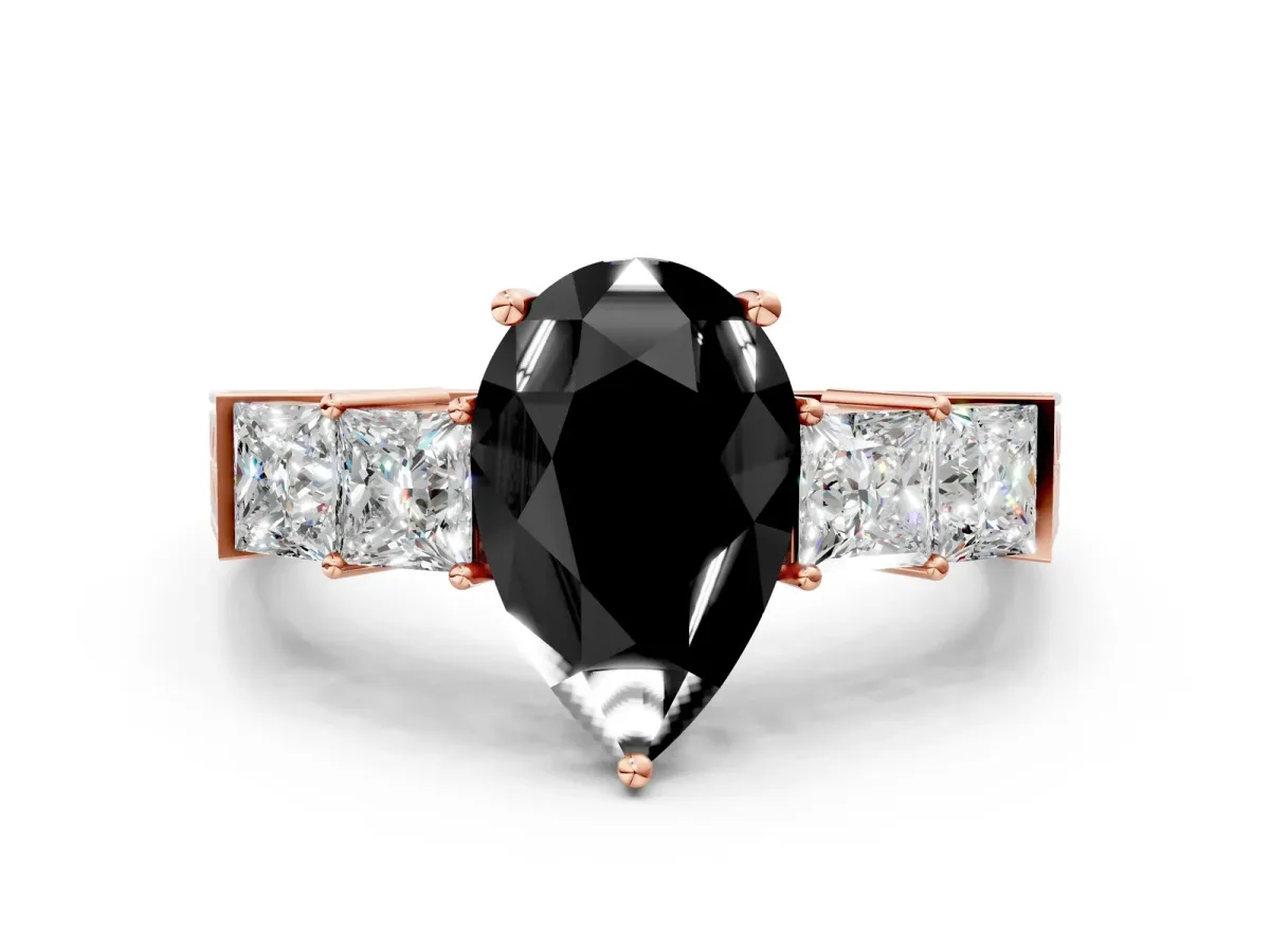 Fancy Black Pear Cut Solitaire Princess Side Stone Engraved Band Prong Setting Ring Rose gold