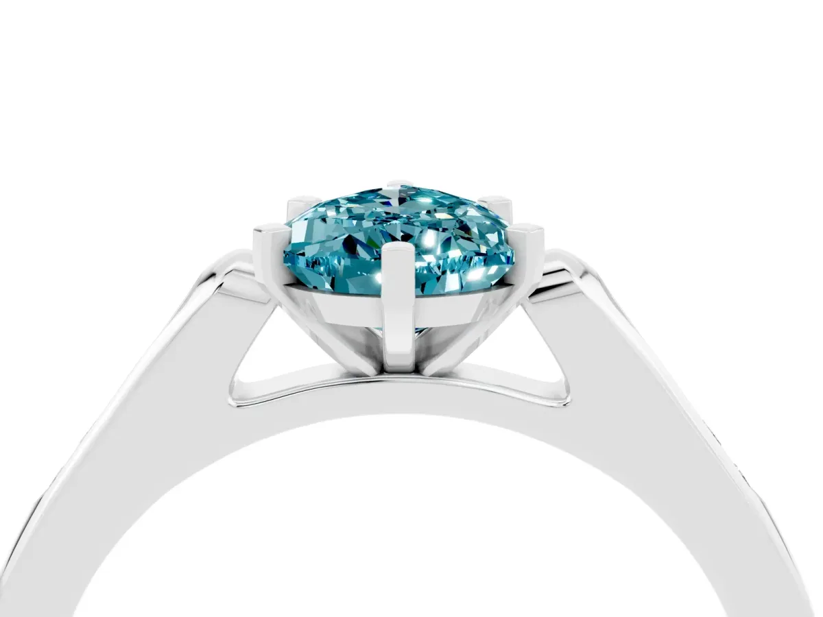 Pear Cut Blue Topaz Solitaire Ring with Channel Set Round Band and Prong Setting Silver