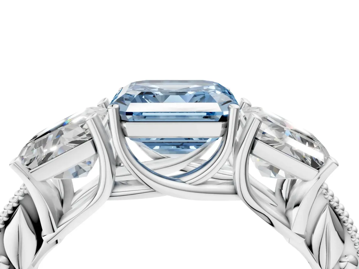 Fancy Blue Three-Stone Asscher Cut Cut Milgrain Pavé Engagement Ring Platinum