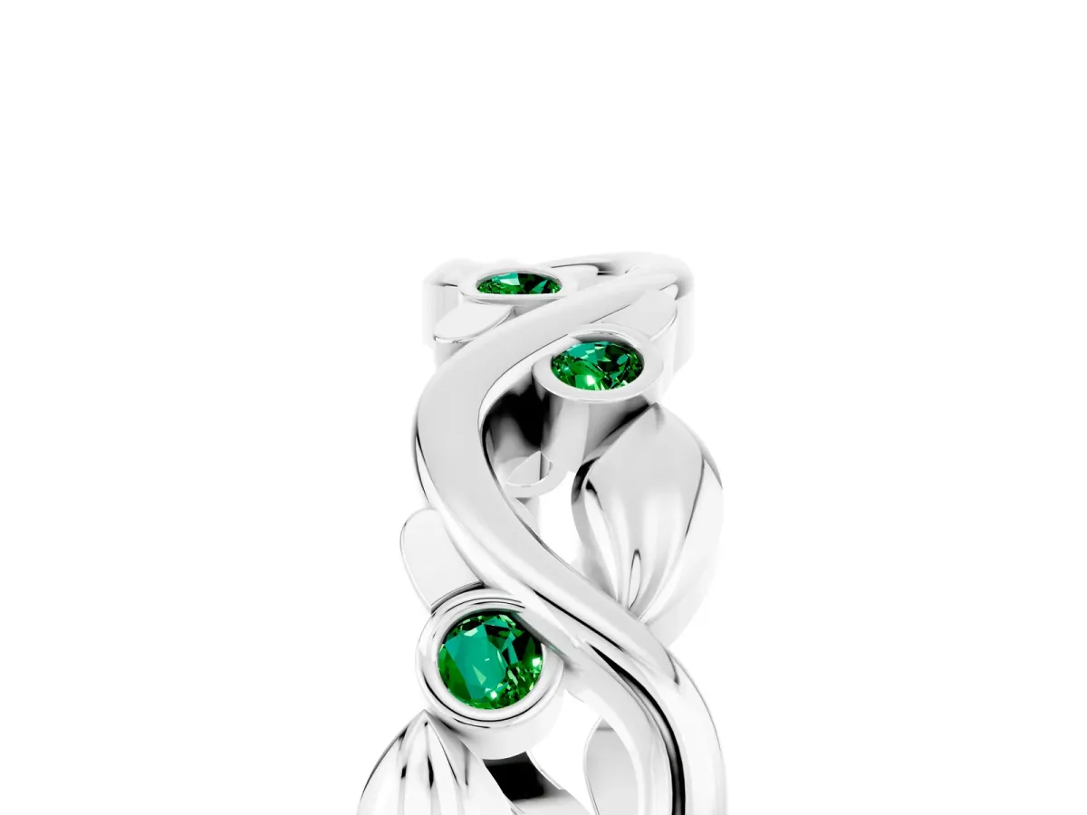 Round Emerald Leaf Eternity Band with Bezel Setting White gold