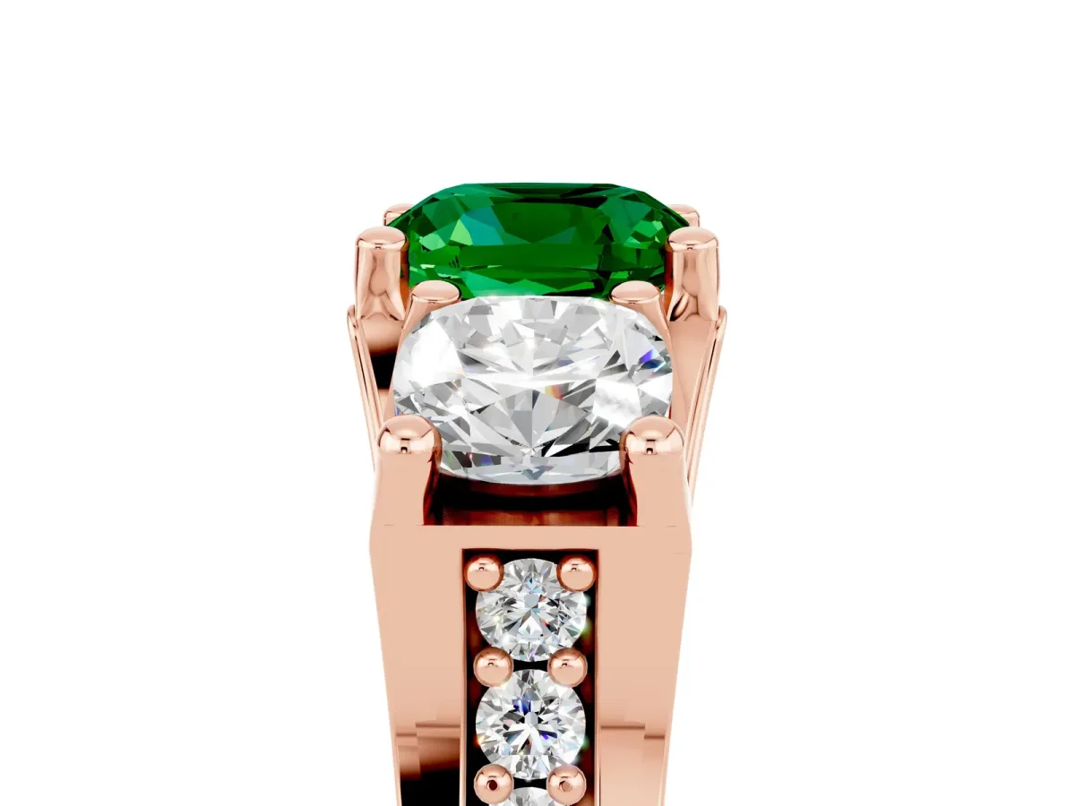 Cushion Cut Emerald Three-Stone Ring with Channel Set Band and Four-Prong Setting Rose gold