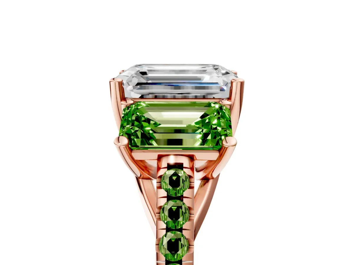 Three-Stone Emerald Cut Diamond Ring with Round Peridot Pavé Band and Prong Setting Rose gold