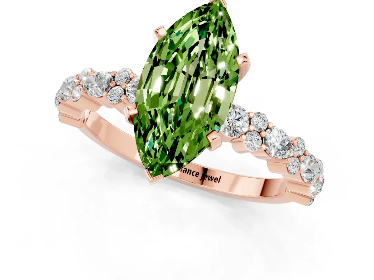 Marquise Cut Peridot Side Stone Solitaire Ring with Round and Four-Prong Setting Rose gold