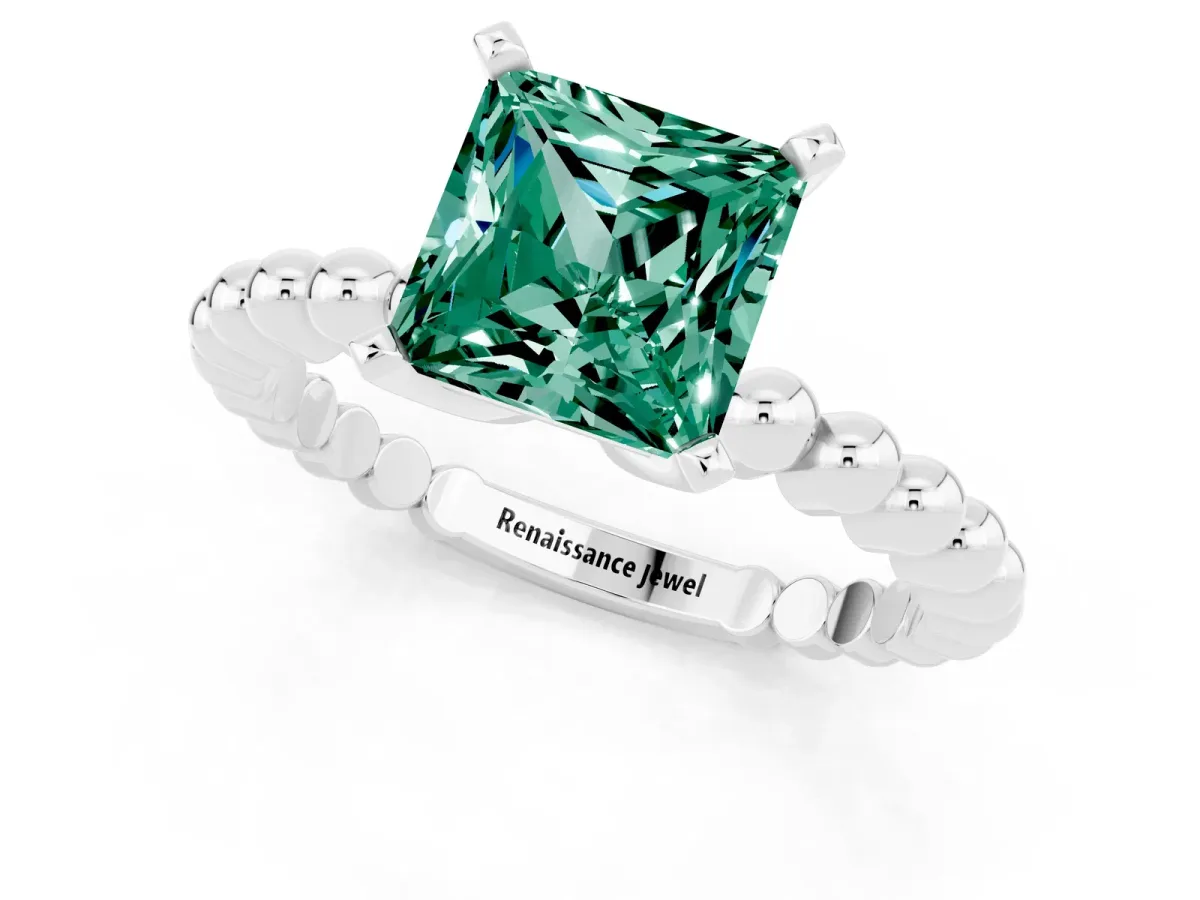 Princess Cut Green Sapphire Solitaire Ring with Beaded Band and Prong Setting Silver
