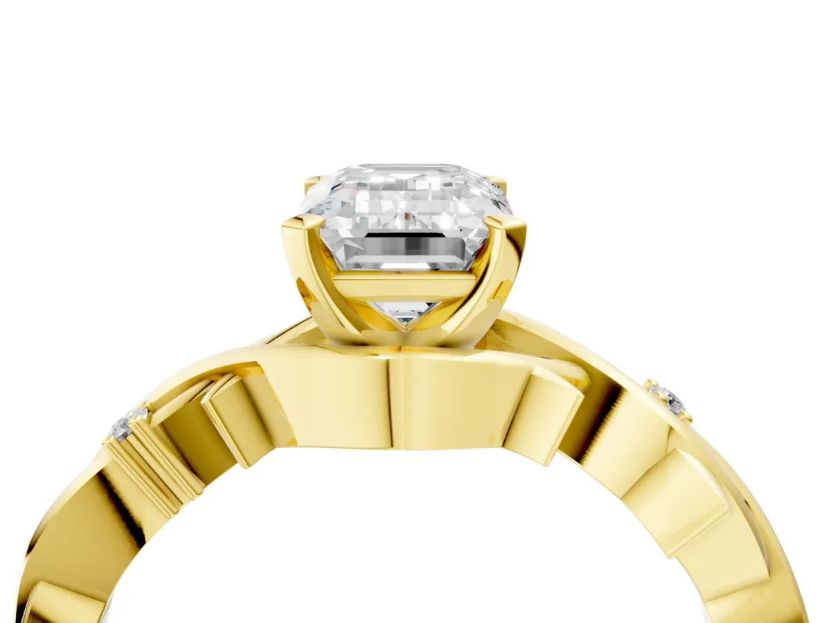 Emerald Cut Diamond Solitaire Ring with Twisted Band and Prong Setting Yellow gold