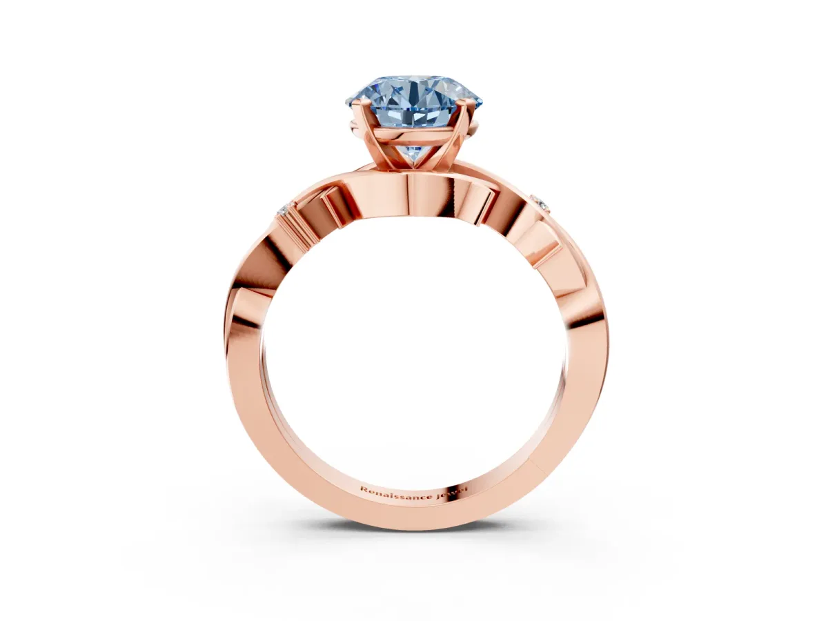 Fancy Blue Round Cut Diamond Solitaire Ring with Twisted Band and Prong Setting Rose gold