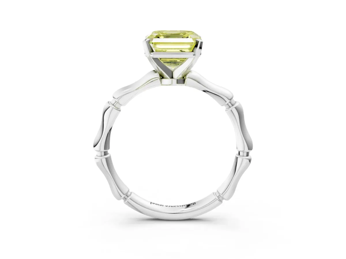 Fancy Yellow Asscher Cut Solitaire Diamond Ring with Bamboo Band and Four-Prong Setting Platinum