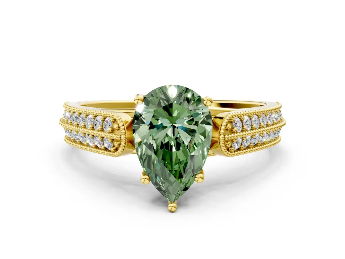 Fancy Green Pear Cut Cut Pave Split Shank Engagement Ring with Four-Prong Setting Yellow gold