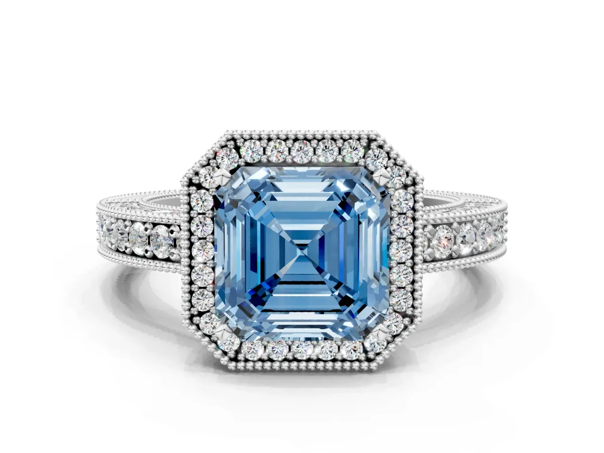 Fancy Blue Asscher Cut Cut Halo Diamond Pave Band Ring with Four-Prong Setting Platinum