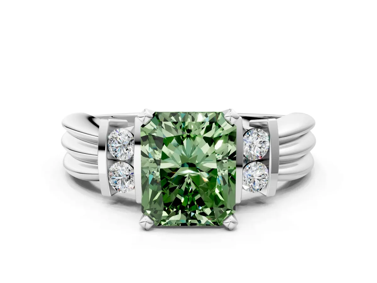 Fancy Green Radiant Cut Cut Three-Stone Channel Set Ring with Bar Prongs Platinum