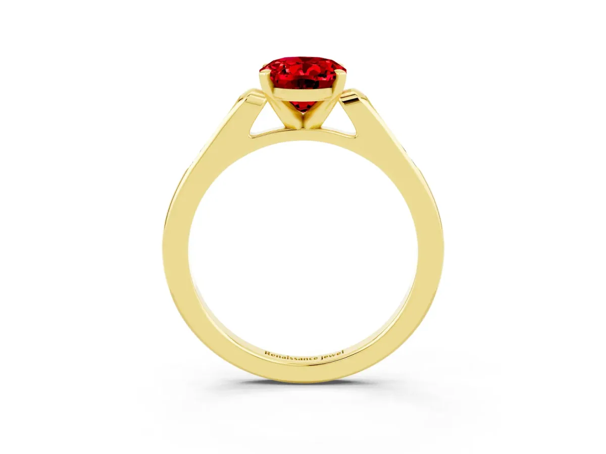 Oval Cut Ruby Solitaire Ring with Channel Set Round Band and Prong Setting Yellow gold