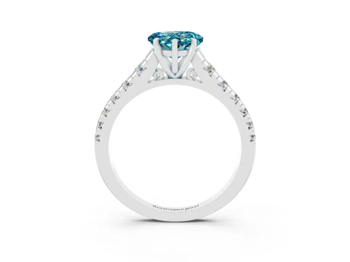 Heart Cut Blue Topaz Cathedral Solitaire Ring with Round Pavé Band Silver