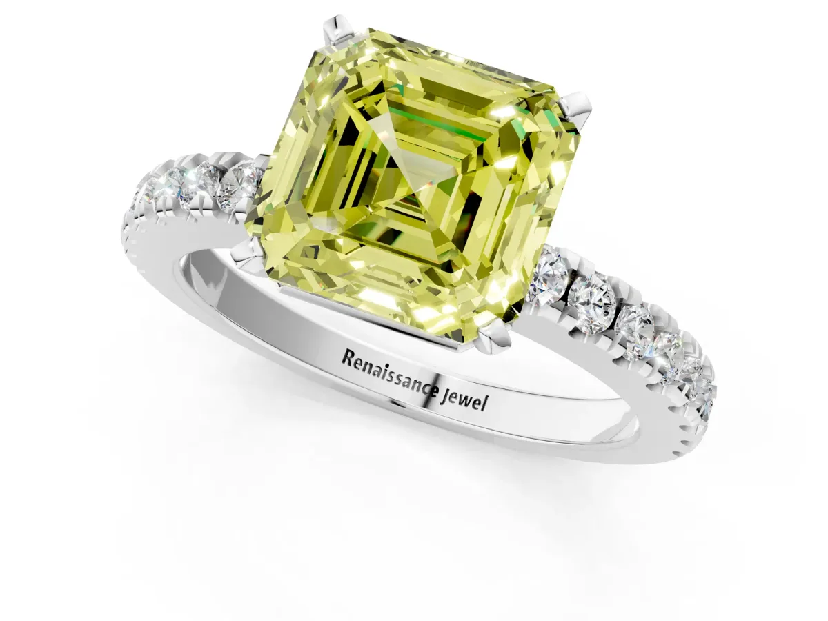 Fancy Yellow Asscher Cut Solitaire Diamond with Pavé Band and Four-Prong Setting Silver
