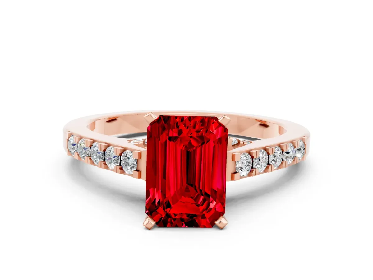 Emerald Cut Ruby Solitaire Ring with Crossover Gallery and Round Pavé Band Rose gold