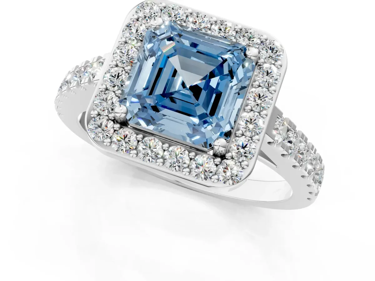 Fancy Blue Asscher Cut Diamond Halo Ring with Round Pavé Split Shank and Prong Setting Platinum