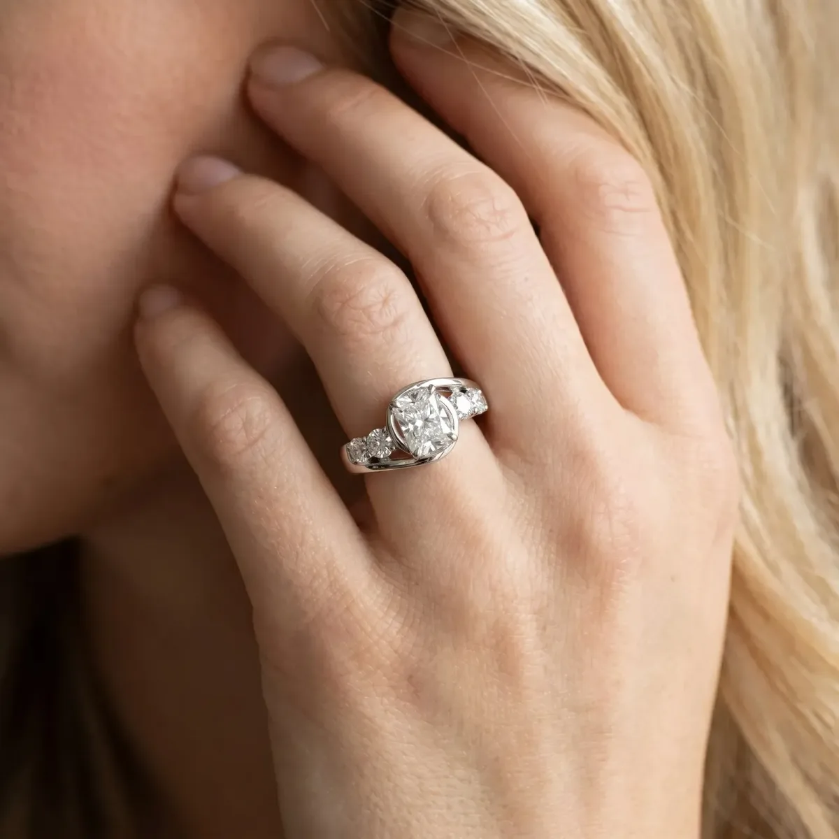 Bezel Set Radiant Cut Diamond Bypass Ring with Round Accents Silver