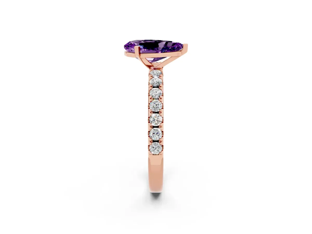 Pear Cut Amethyst Solitaire Pavé Band with Four-Prong Setting Rose gold
