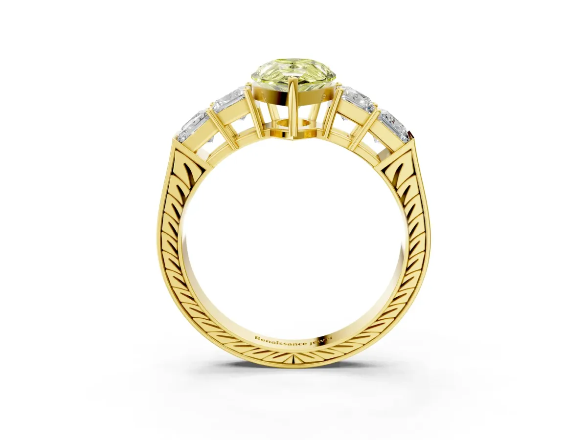 Fancy Yellow Pear Cut Solitaire Princess Side Stone Engraved Band Prong Setting Ring Yellow gold