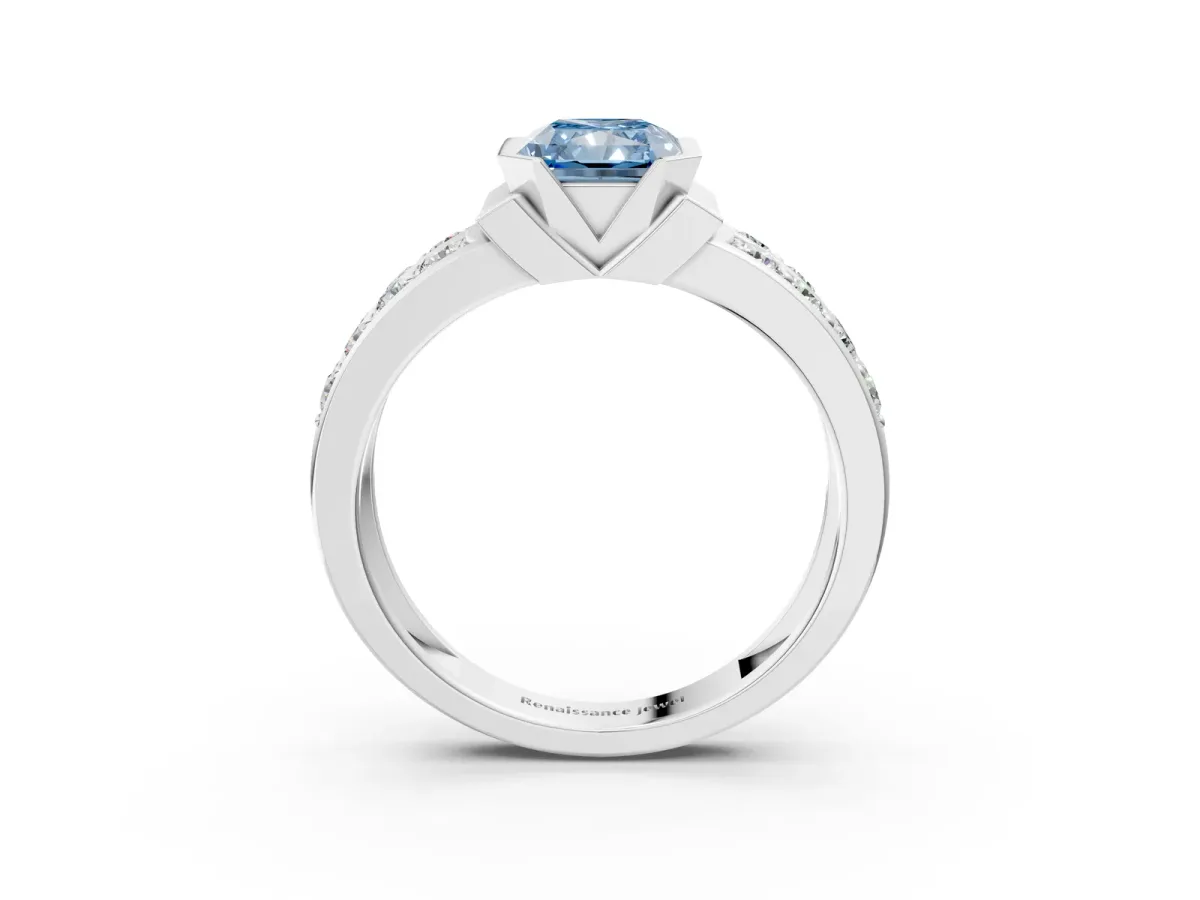 Fancy Blue Radiant Cut Brilliant Diamond Channel Set Wide Band Ring with Bezel Setting Platinum