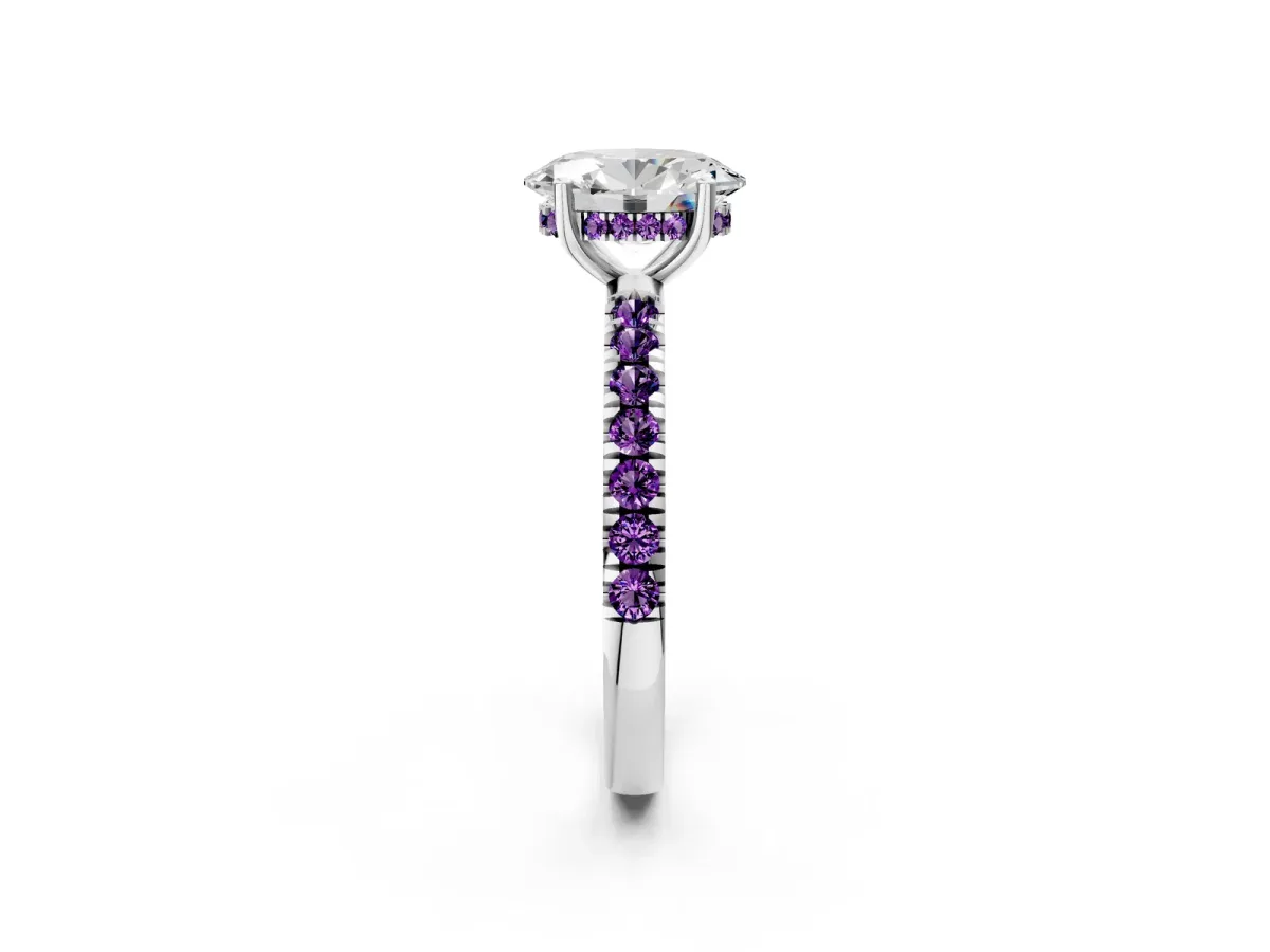 Oval Cut Diamond Pave Band Solitaire Ring with Round Amethyst and Prong Setting Platinum