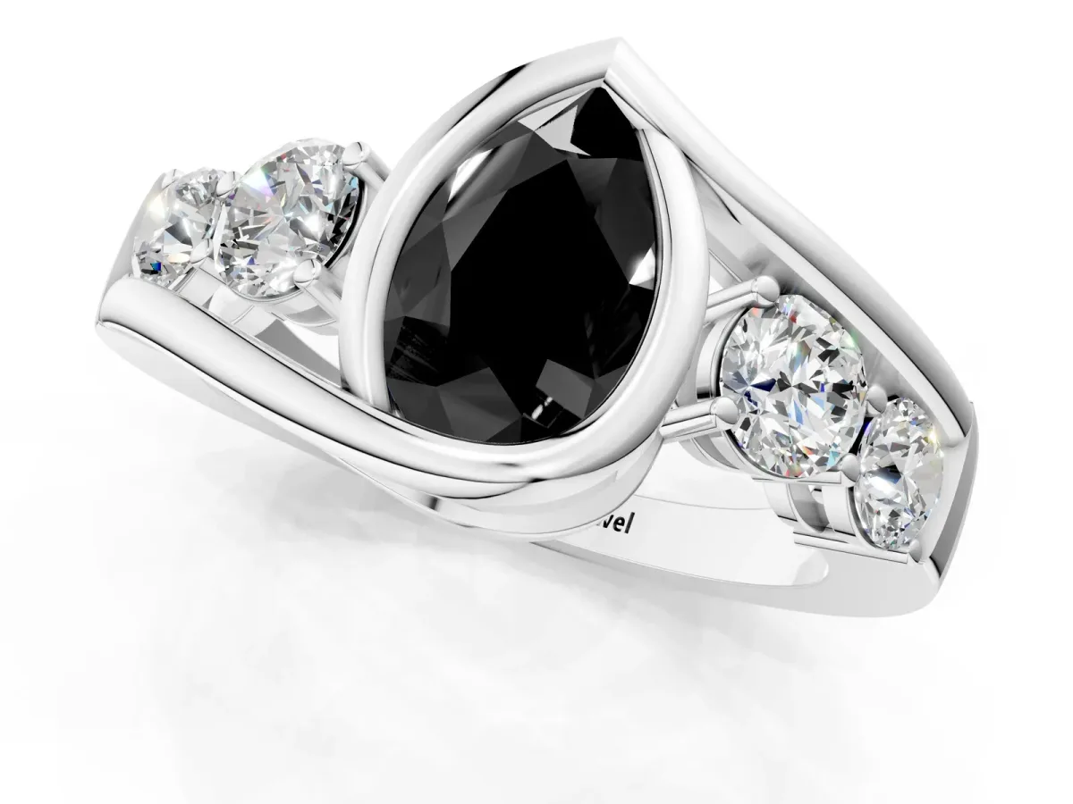 Fancy Black Bezel Set Pear Cut Diamond Bypass Ring with Round Accents Silver