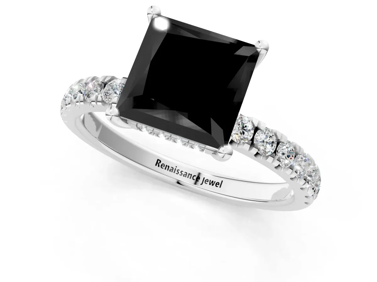 Fancy Black Princess Cut Diamond Pave Band Solitaire Ring with Round and Prong Setting Silver