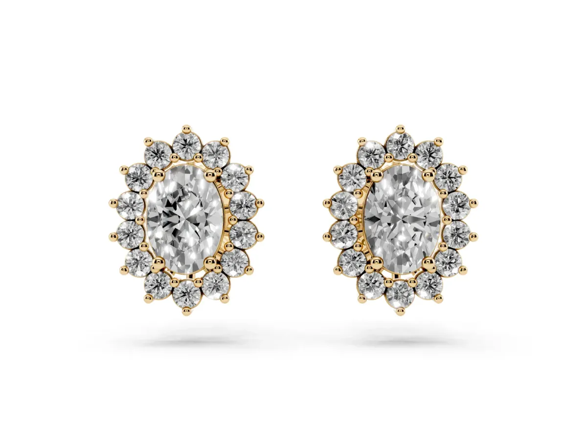 Oval Diamond Floral Halo Stud Earrings Yellow gold