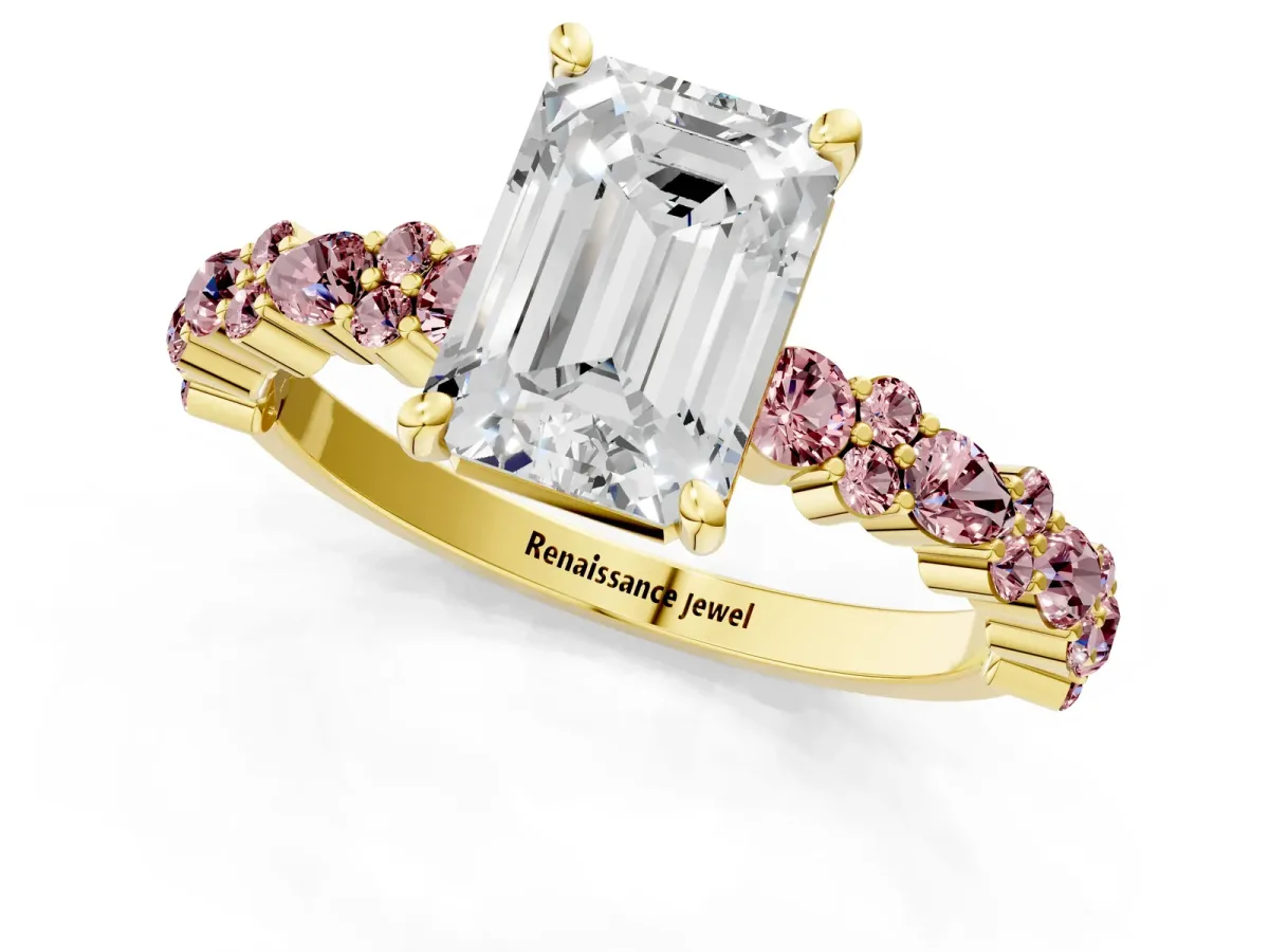 Emerald Cut Diamond Side Stone Solitaire Ring with Round Morganite and Four-Prong Setting Yellow gold