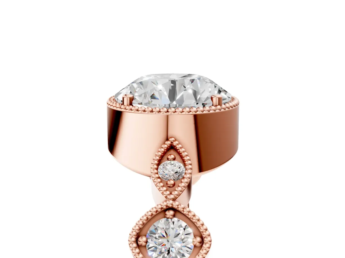 Round Cut Diamond Vintage Milgrain Ring with Round Stations Rose gold
