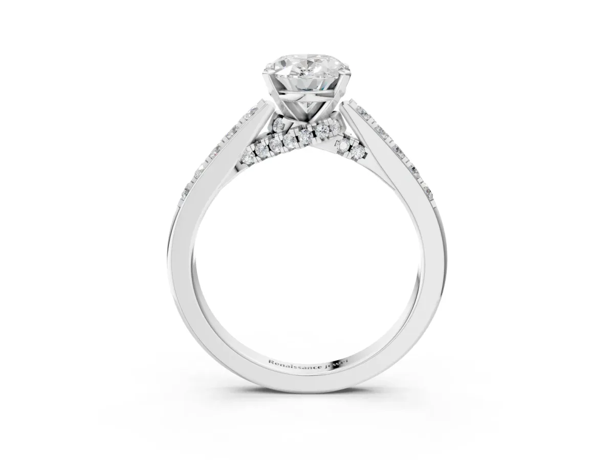 Oval Cut Diamond Solitaire Ring with Crossover Gallery and Round Pavé Band Silver