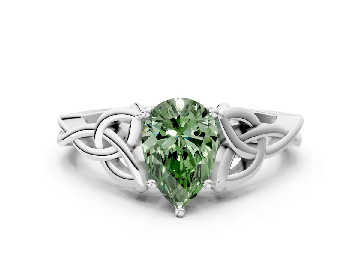 Fancy Green Pear Cut Diamond Solitaire Celtic Knot Ring with Four-Prong Setting White gold