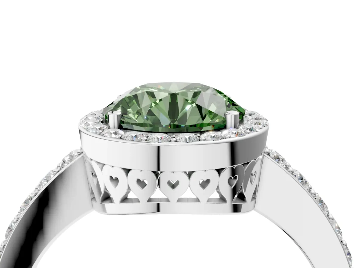Fancy Green Round Cut Halo Diamond Pavé Band Ring with Prong Setting Platinum