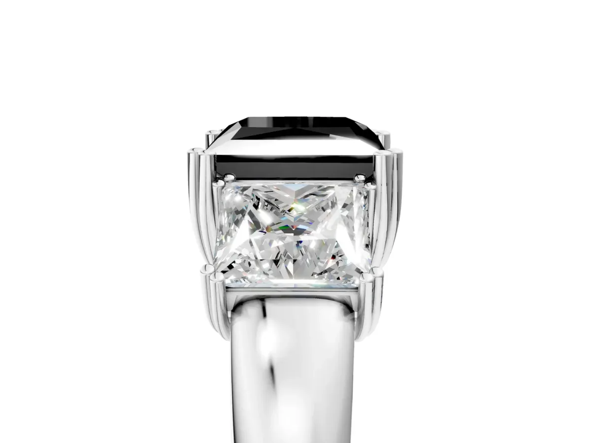 Fancy Black Three-Stone Princess Cut Cut Diamond Ring with Channel Set Band and Four-Prong Setting Silver