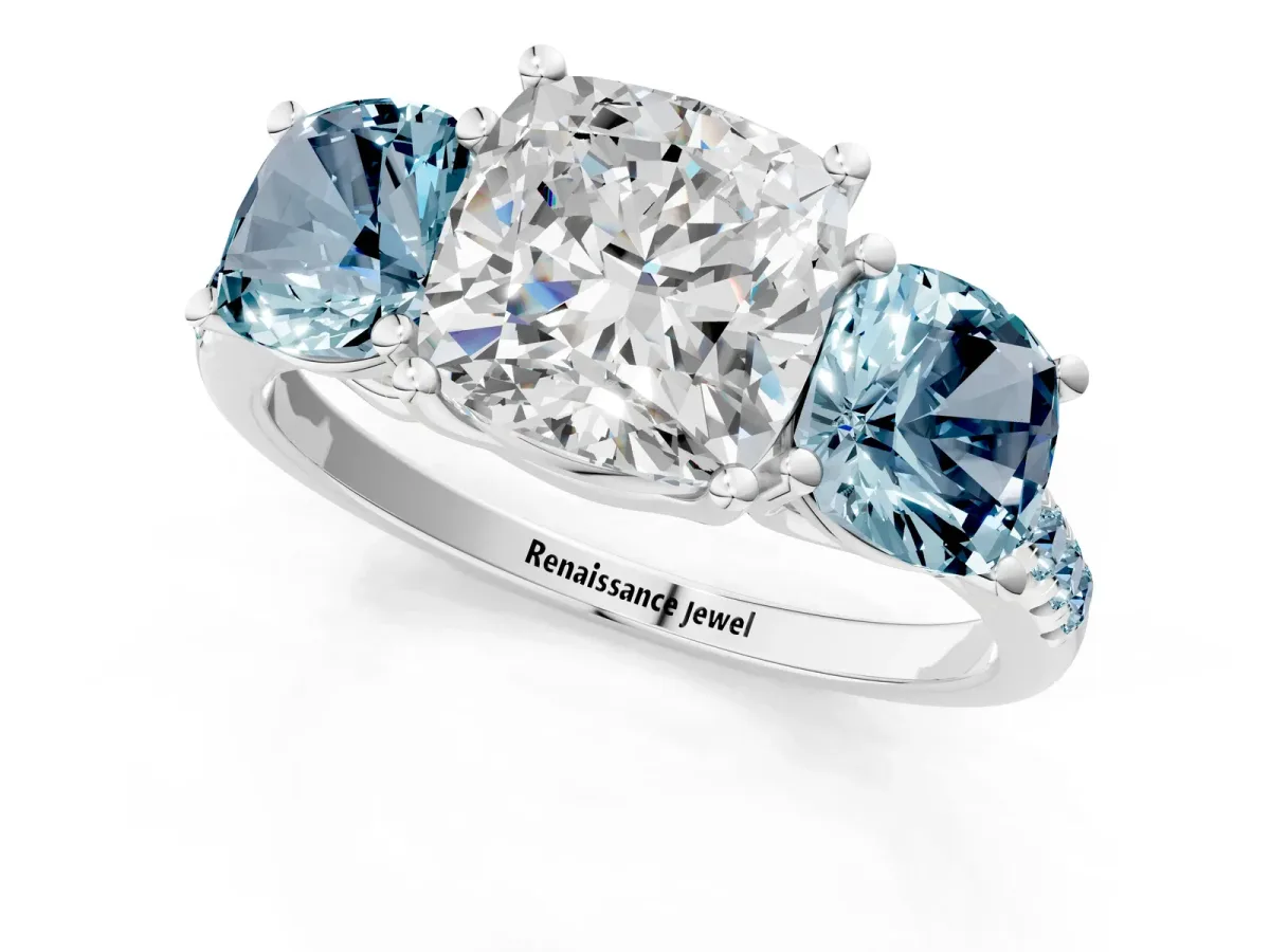 Three-Stone Cushion Cut Diamond Ring with Round Aquamarine Pavé Band and Prong Setting Silver